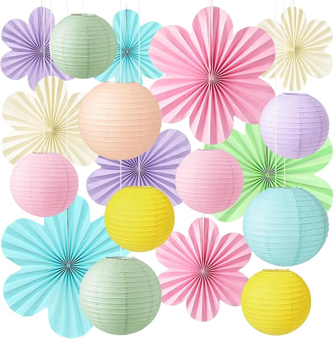 Pastel Classroom Ceiling Decor, 18-Pc Hanging Paper Lanterns & Flower Fans | by Peywot