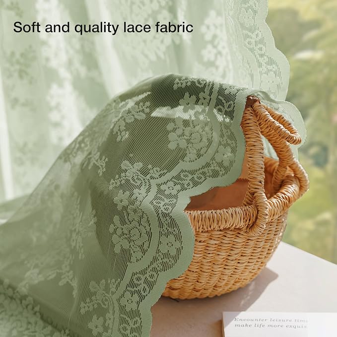 Anmao Vintage Sage Green Lace Curtains 120 Inches Long 2 Panels, Romantic Light - Image 4