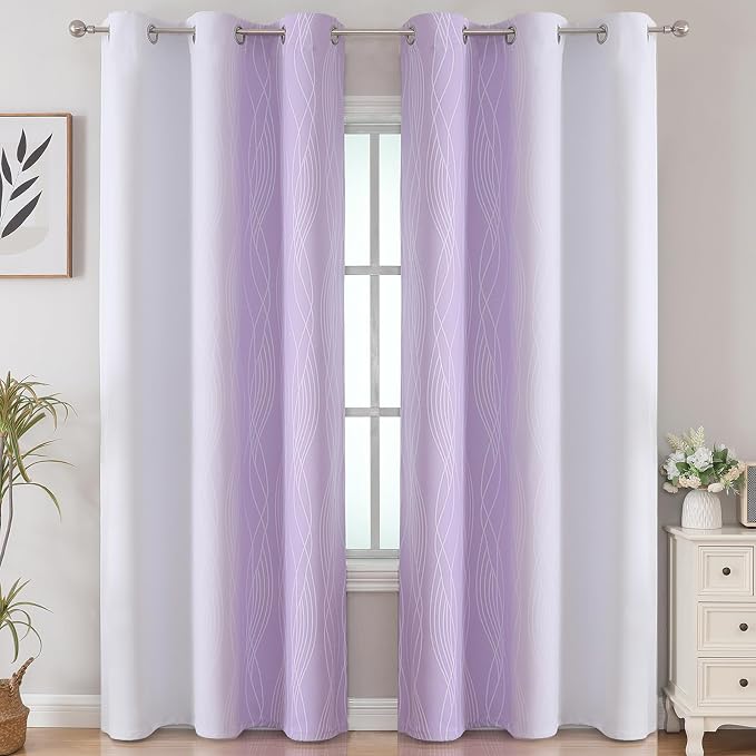 Lilac and Greyish White Room Darkening Blackout Curtains 84 Inches Long - Image 2