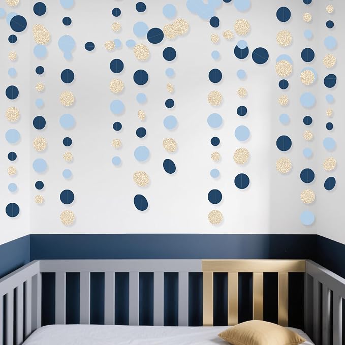 Navy Blue Champagne Gold Polka Dots Garland Hanging Paper Circle Dot Streamer - Image 5