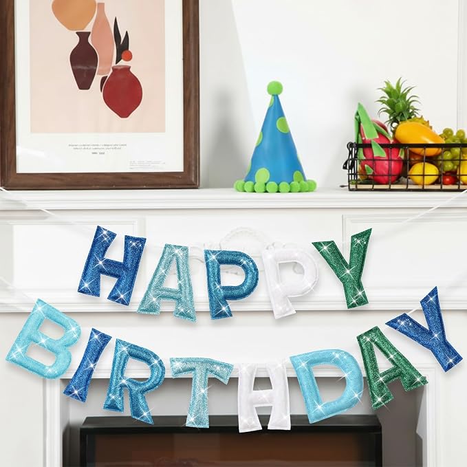 Tegeme Felt Happy Birthday Banner, Teal Glitter Turquoise Happy Birthday - Image 3