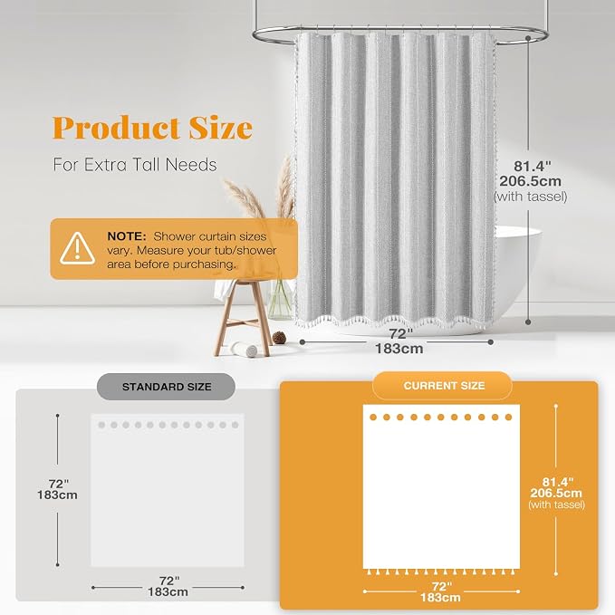 72 x 80 Boho Linen Heavy Duty Cloth Shower Curtain Set, 330GSM Linen Blend - Image 3