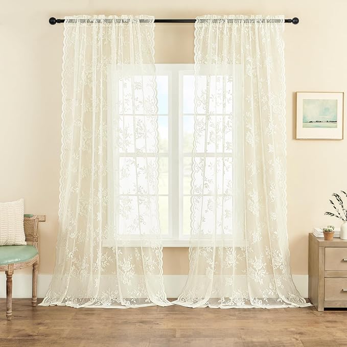 Cream Lace Curtains 108 Inches Long 2 Panels Victorian Floral Sheer Curtains by SEEKRIGHTHomeDecor