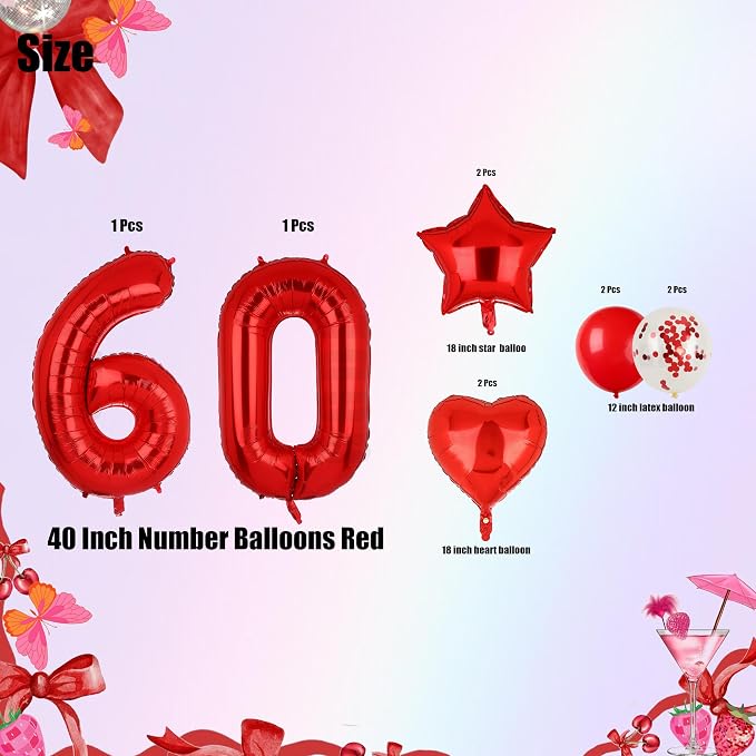 40 Inch Red Number Balloons 60 Mylar Foil 60th Birthday Party Decor 10 Pcs | - Image 2