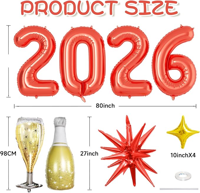 Red 2026 Balloons, 40 Inch Number 2026 Red Foil Balloons - Image 2