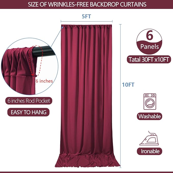 ESGOTBME 30x10ft Wrinkle Free ‌Burgundy Backdrop Curtain - Image 3