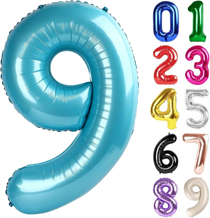 9 Balloon - Pastel Blue Birthday Number Balloons, 40 Inch Decorations | Pastel by ALPHADELTAPI