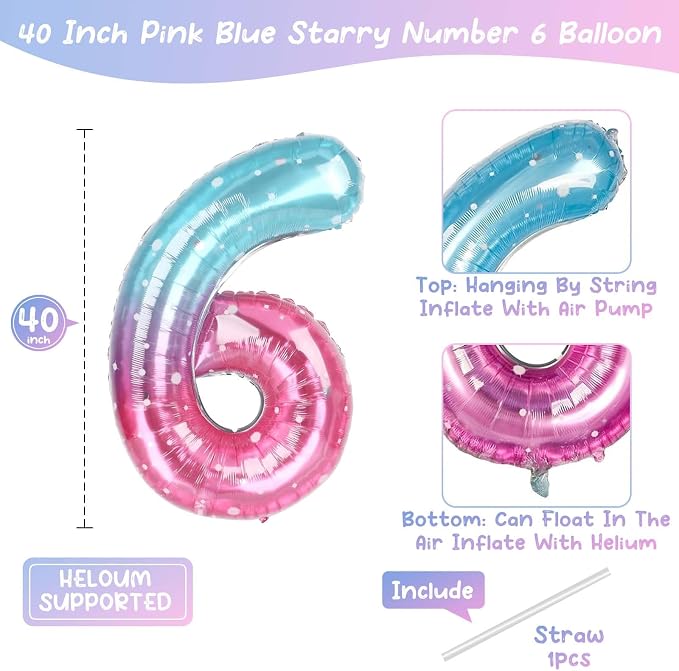40 Inch Pink Blue Number 6 Balloon, Large Gradient Pink Blue Mylar Foil Number - Image 4