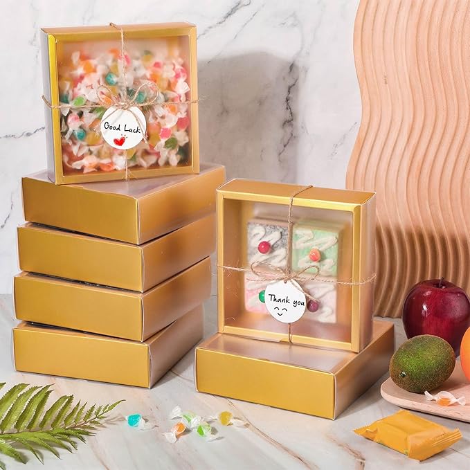 Roowest 50 Sets Kraft Soap Boxes Rectangle Packaging Box with Window Homemade Gift Box with Blank Tags and Jute String for Jewelry Candy Wrapping Party Favor(6.5 x 6.5 x 2 Inch,Gold)