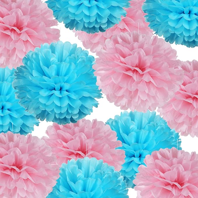 14" Pink and Blue Tissue Pom Poms Kit DIY Decorative Paper Flowers by Adeer