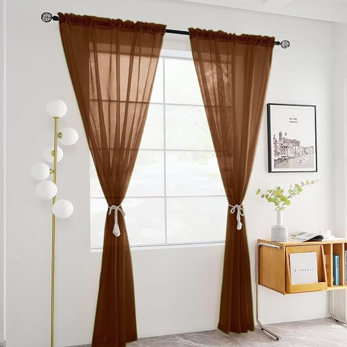 SpaceDresser Brown Sheer Curtains 4 Panels Rod Pocket Semi-Sheer Curtain 108 - Image 3