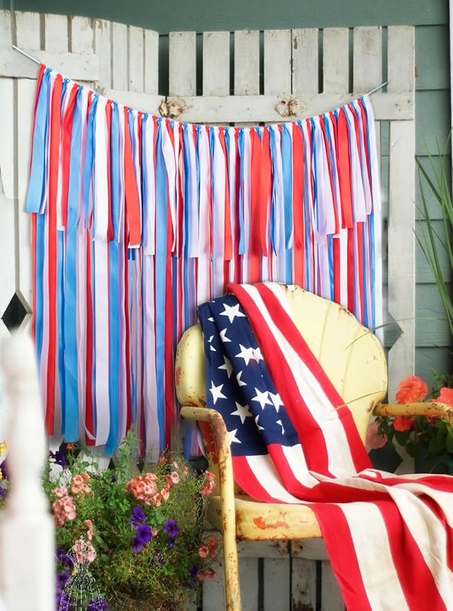 Handmade Red White Blue Ribbon Garland Banner, Pre-Strung Hanging Tassel - Image 5
