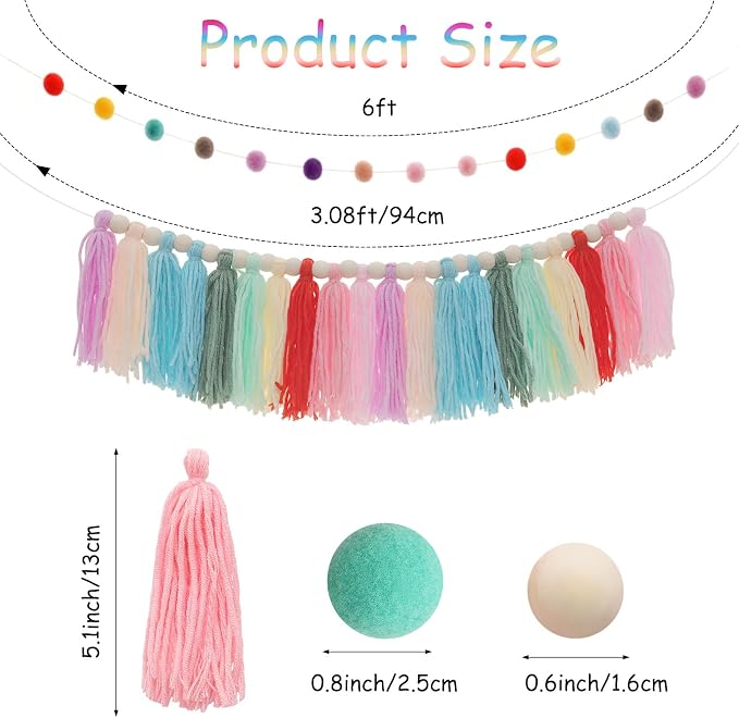 Avxdbr 2Pcs Boho Rainbow Tassel Garland Colorful Pom Pom Tassel Banner | 2-in-1 - Image 2
