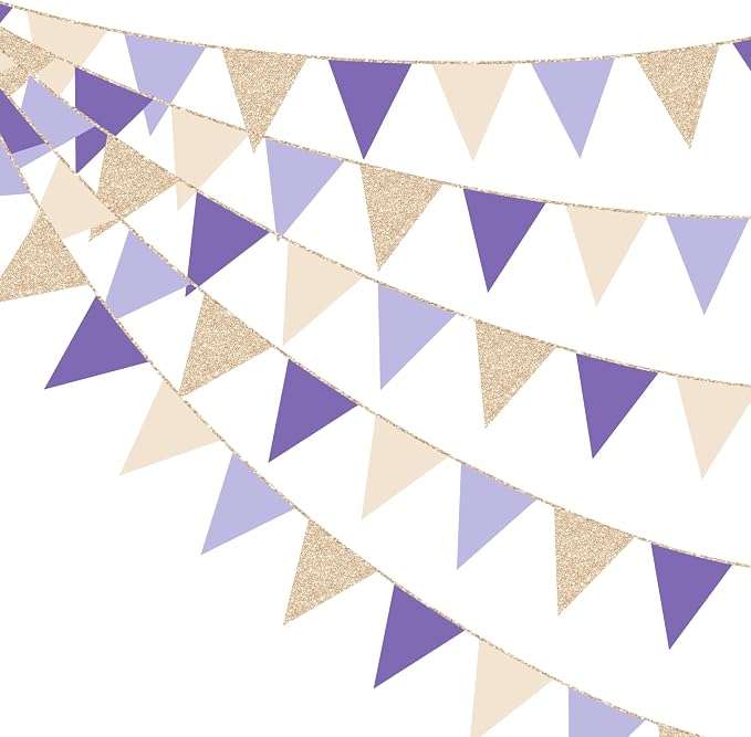30 Ft Purple Lavender Beige Champagne Gold Party Decorations Pennant Banner by pinkblume