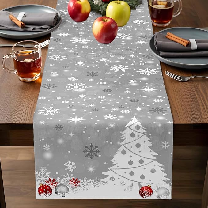 Christmas Snowflakes Cotton Linen Table Runner for Dining Kitchen, Xmas Tree Snow Winter Wedding Outdoor Party Tablerunners Decoration, Grey Balls Dresser Scarf Coffee Tablecloth Runners 13x48 Inches