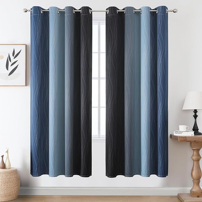 Navy Blue and Black Ombre Blackout Curtains 72 Inch Length 2 Panels Set - Image 2
