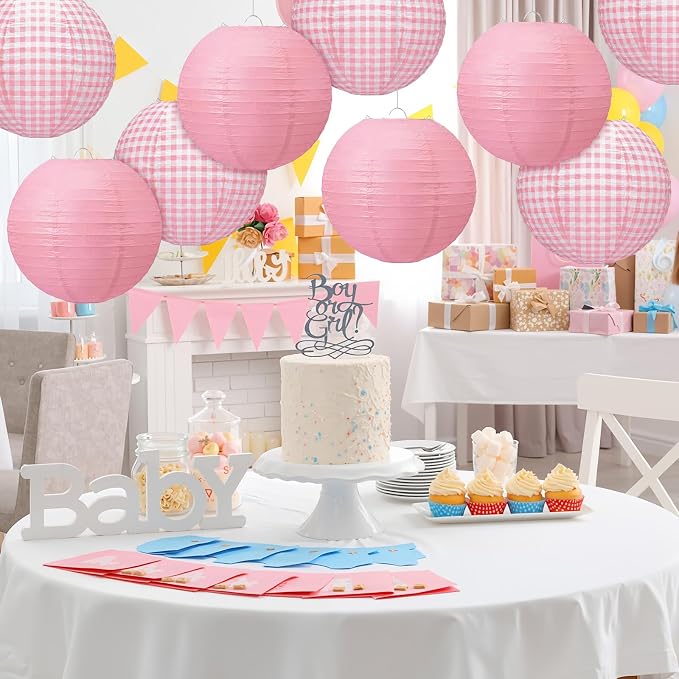 Honoson 12 Pcs Pink Gingham Paper Lanterns Decoration10 Inch White and Pink - Image 3