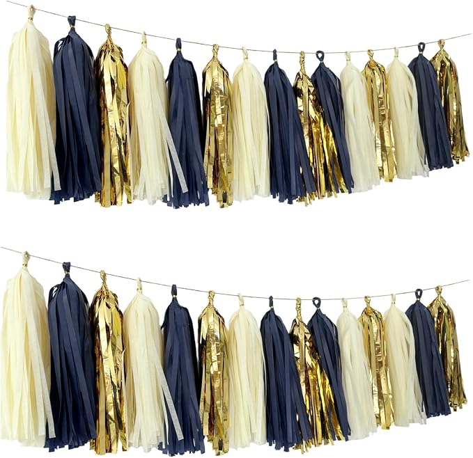 15 PCS Navy Blue Gold Mylar Tassels Garland Tissue Paper Tassels Banner DIY Kit by Autupy