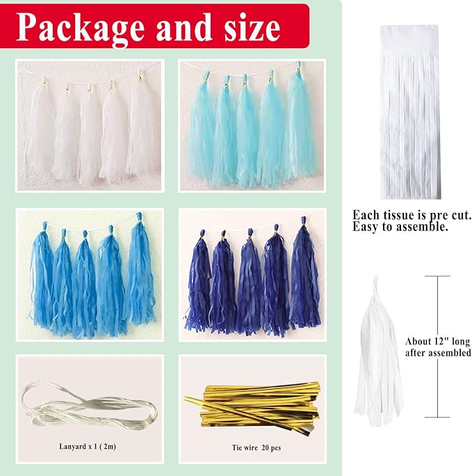 Blue Tassel Garland 20 Pcs, Tissue Paper Tassels Garland Banner - Image 3