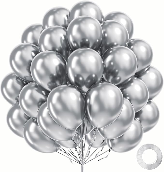 FOTIOMRG Metallic Silver Balloons 12 inch, 100 Pack Chrome Silver Latex Balloons by FOTIOMRG