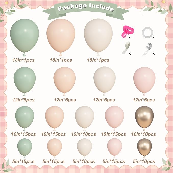 157Pcs Dusty Pink Green Balloons Garland Arch Kit Different Size | Sand White - Image 2