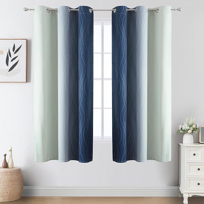 Navy Blue and Sage Green Ombre Blackout Curtains 63 Inches Long 2 Panels - Image 2