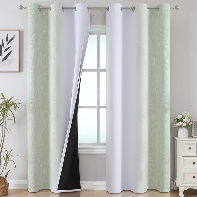 Sage and Greyish White Room Darkening Blackout Curtains 84 Inch Length 2 Panels by ESTELARTEXTILER