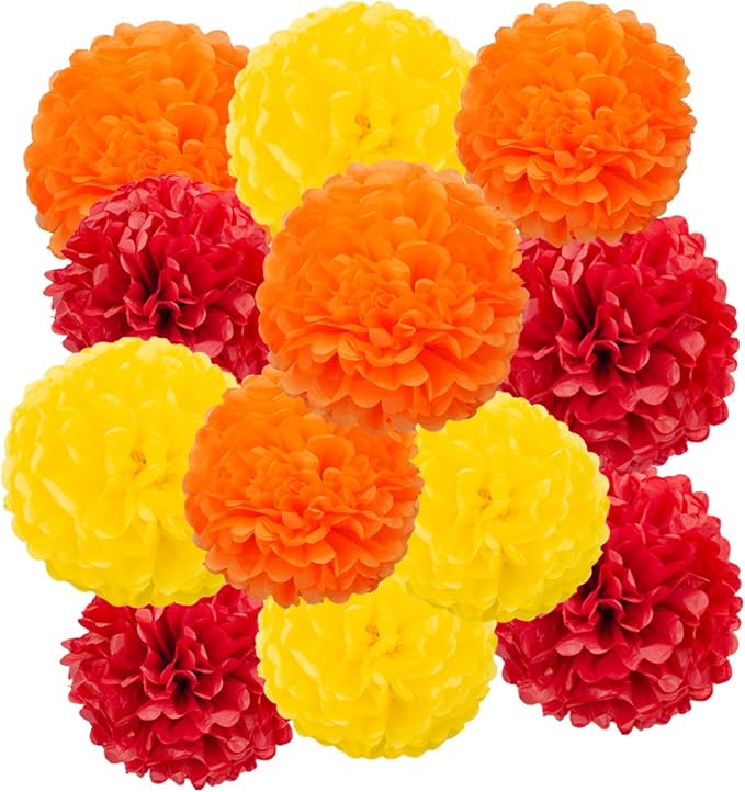 Red Orange and Yellow Tissue Pom Poms Paper Kit DIY Decorative Flowers Ball by DOUSUI