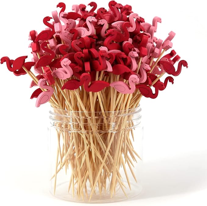 Bamboo Cocktail Picks 200 Pack – Flamingo Toothpicks 4.7 Inch Cocktail Sticks by PARTYHIPPO