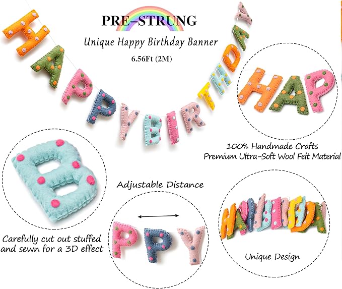 Pre-Strung Unique Handmade Wool Felt Colorful Happy Birthday Banner Garland | - Image 4