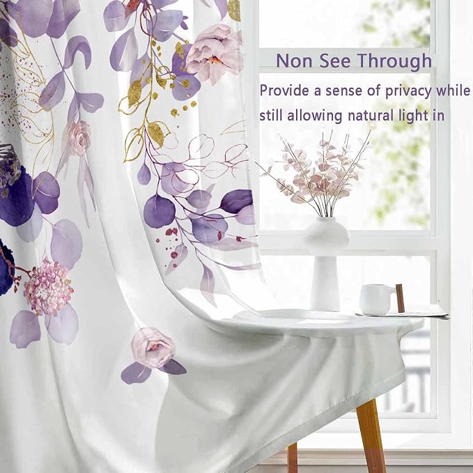 Purple Eucalyptus Floral Curtains 63 Inch Length Watercolor Flower Plant Light - Image 3