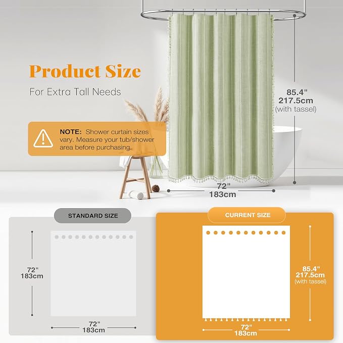 72x84 Long Boho Farmhouse Linen Heavy Duty Shower Curtain, Sage Green | Tall - Image 3