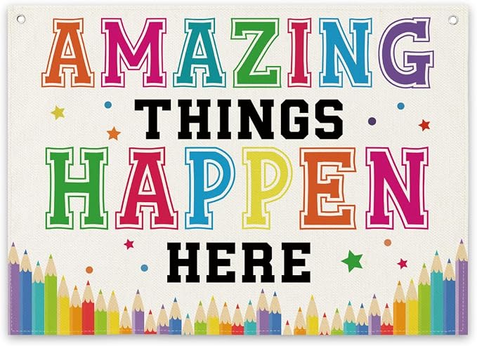 Colorful Classroom Decoration, Amazing Things Happen Here Poster, Canvas Wall by Unknown