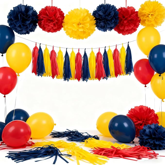 Yellow Red and Blue Tassel Garland Banner, 30 Pack Paper Tassels Streamers - Image 2