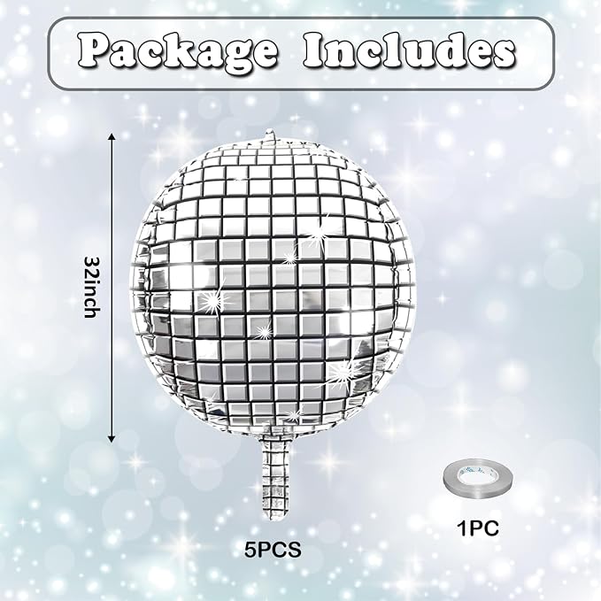 Disco Ball Balloons 32 Inch 5 Pcs 4D Ball Balloons Metallic Silver Disco Mylar - Image 2