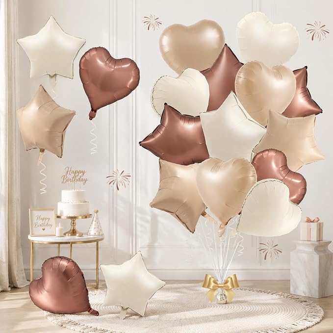 TONIFUL 18 Inch Cream Brown Star and Heart Foil Balloons by TONIFUL