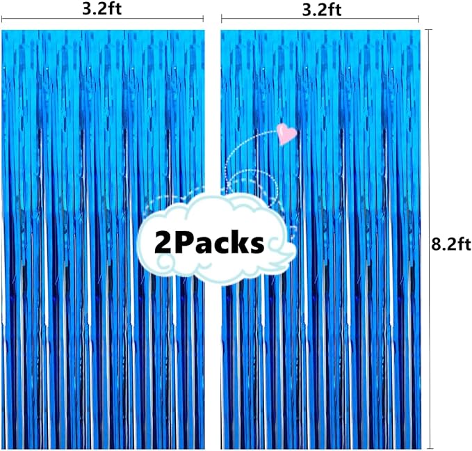 Blue Backdrop, Tinsel Fringe Backdrop Curtains, 2 Pack 3.2ftx8.2ft | Blue - Image 2