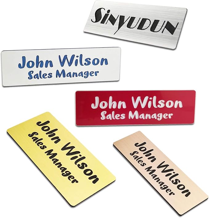 Custom Engraved Name Tag Badges for Business, Personalized Identification with Pin, Magnetic, Adhesive, or Blank Backing, 1.5"x3", Gold/Black Text