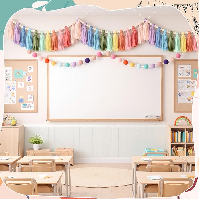 Tenceur Pastel Tassel Garland and Pom Pom Banner Set- 4 Pcs Rainbow Wall Decor - Image 4