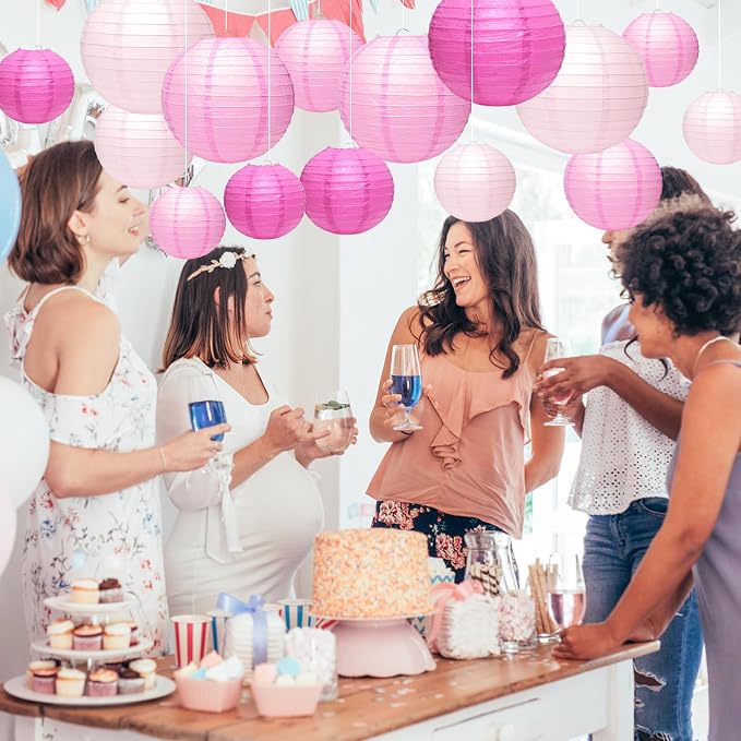 21Pcs Pink Paper Lanterns, 4-10in Hanging Decor, Valentine's Day Party | Pink - Image 6