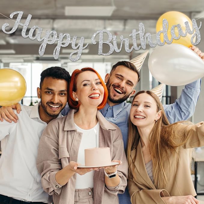 Silver Happy Birthday Banner, Pre-Strung Glitter Silver Birthday Sign, 10 Feet - Image 4