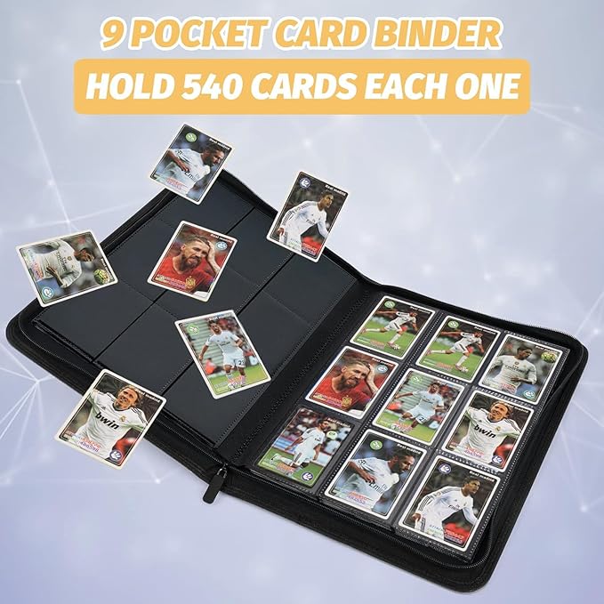 9 Pocket Card Binder, Premium Zip Trading Card Binder, 540 Double Sided Pocket PU Collection Binder, Collector Album, Card Folder for MTG, TCG, Sports Cards (Black)
