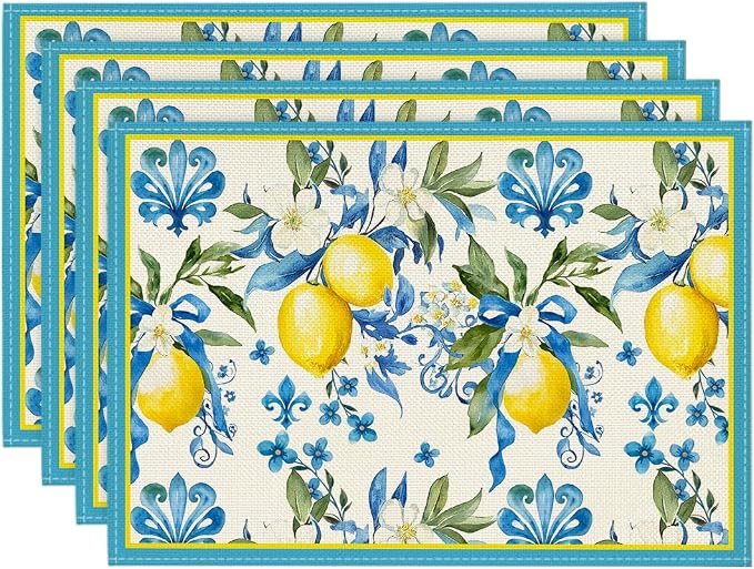 Artoid Mode Blue Lemon Iris Summer Placemats Set of 4, 12x18 Inch Seasonal by ArtoidMode