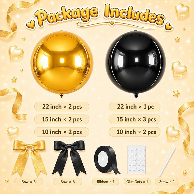 Black and Gold Round Foil Balloons - Image 2