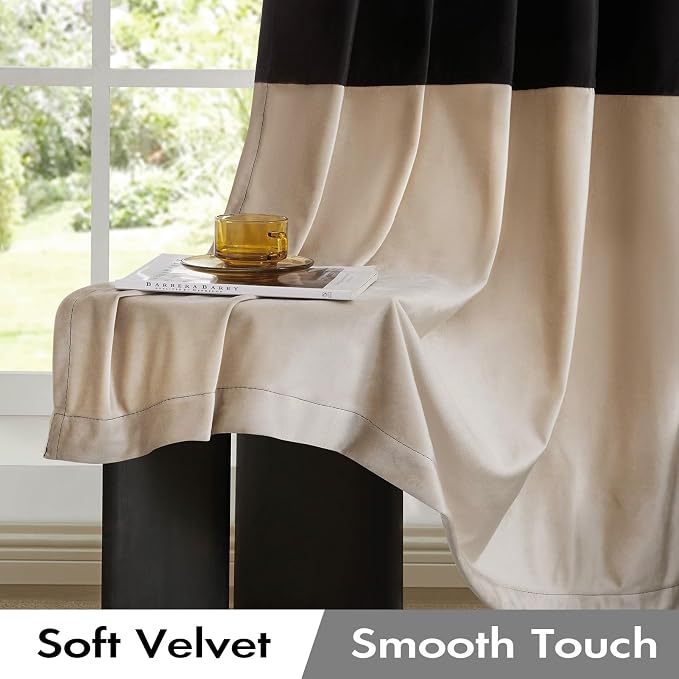 Black Beige Velvet Blackout Curtains Luxury Decor 72 inches, Color Block | - Image 3
