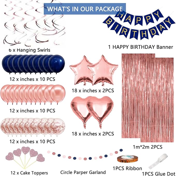Navy Blue Rose Gold Happy Birthday Decorations Kit, Rose Gold Balloons Birthday - Image 2