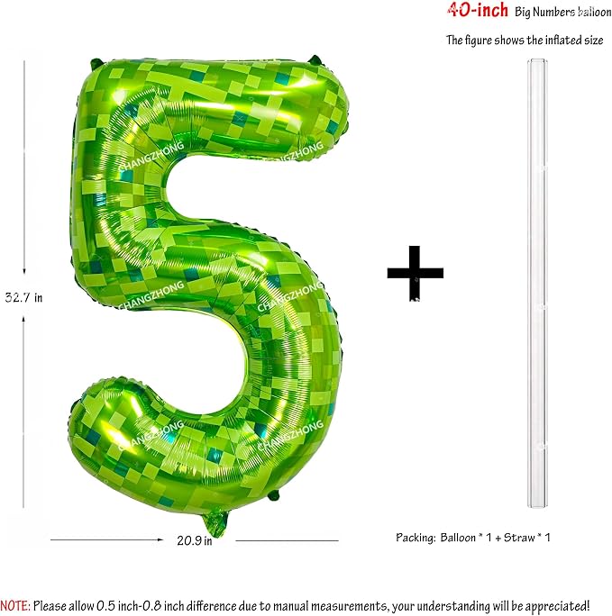 40 inch giant Green pixel miner game number 5 balloon | Large mining theme foil - Image 3