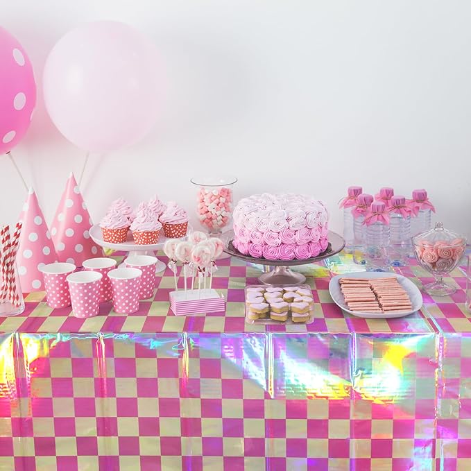 6 Pack Pink and Iridescent Checkered Plastic Tablecloth, Shiny Disposable Laser Rectangle Table Covers, Holographic Foil Tablecloth Iridescent Party Decorations for Picnic Camping Outdoor, 54x108Inch