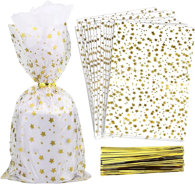 100 Pcs Star Printed 6"X10" Gift Wrap Cello Cellophane Treat Bags Party Favor by COQOFA