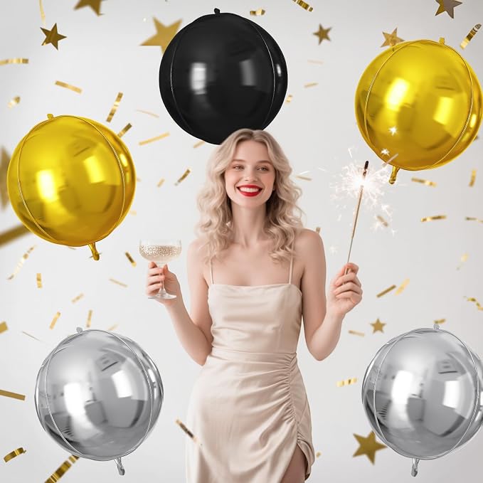 Black Gold Silver Round Foil Balloons 9 pcs, Metallic Giant 4D Round Balloons - Image 5